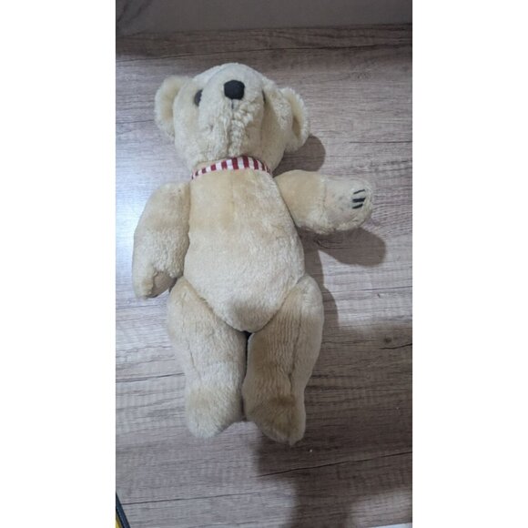 Vintage Beige Teddy Bear W/ Red & White Striped Collar Plush Toy Collectible 12" - Picture 3 of 7